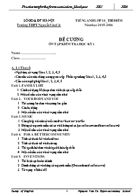 Đề cương học kỳ I môn Tiếng Anh Lớp 10 (Thí điểm) - Năm học 2015-2016 - Trường THPT Nguyễn Văn Cừ